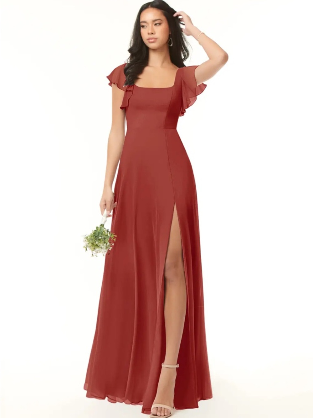 Azazie Bondi Rust Red Terracotta Square-Neck Maxi Dress with Flutter Sleeves